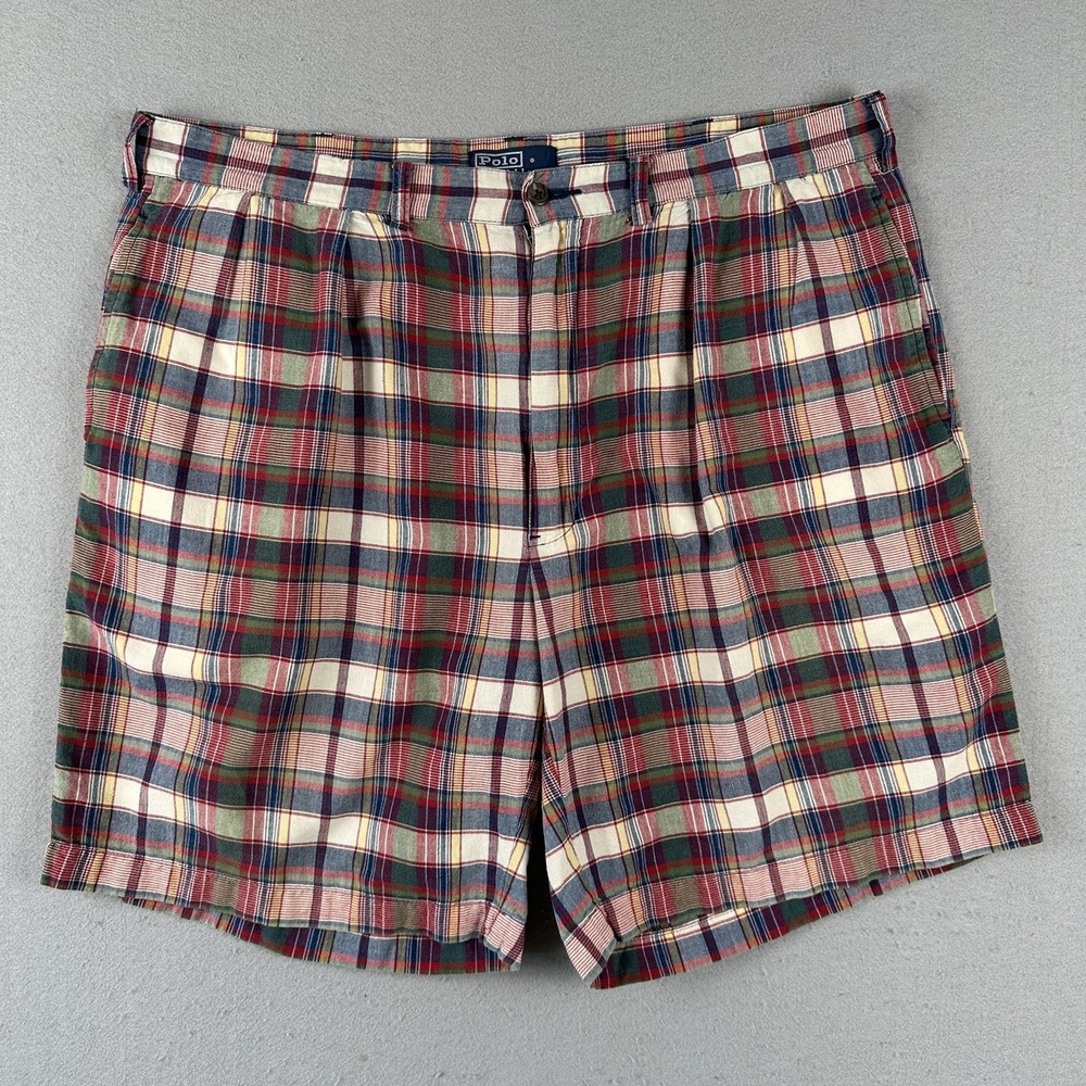 Vintage 90s Polo Ralph Lauren Madras Plaid Shorts Mens 40 Pleated Cotton India